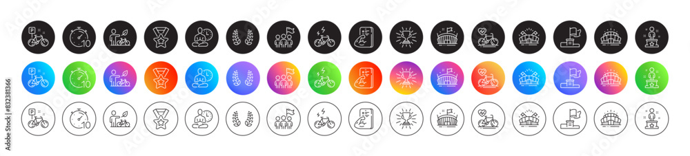 Cardio bike, Fitness and E-bike line icons. Round icon gradient buttons. Pack of Winner flag, Trophy, Winner ribbon icon. Sports arena, Laurel wreath, Timer pictogram. Vector