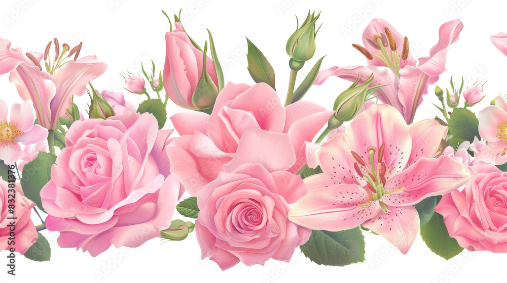 Bouquet of pink roses, lilies, spring blossom Bouquet of pink roses, lilies, spring blossom