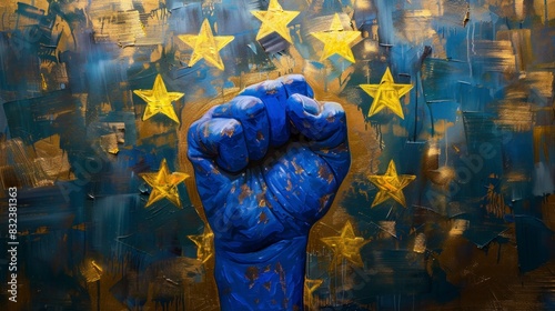 closed fist raised with the flag of the European Union photo