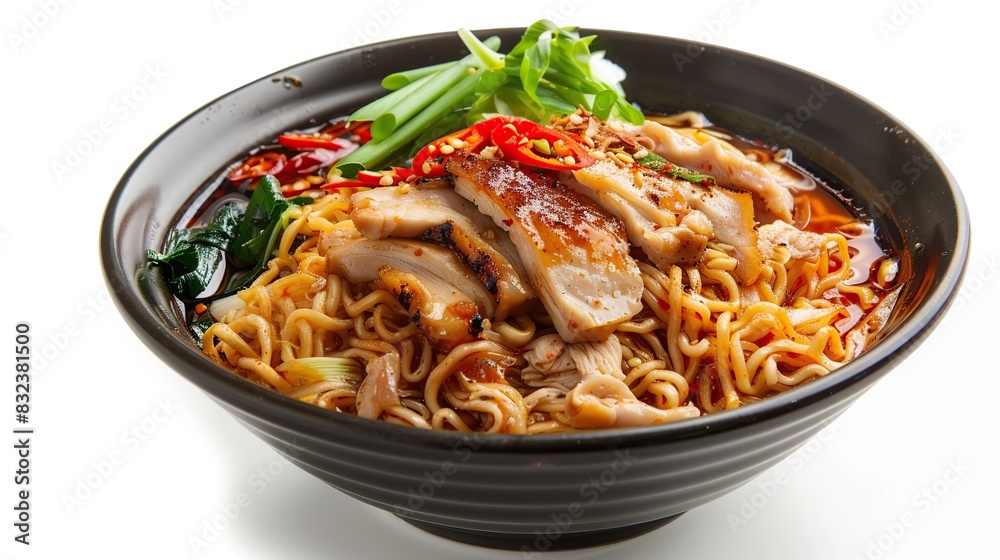 Delicious chicken noodles with sliced chili and sauce on bowl isolated on white background Delicious chicken noodles with sliced chili and sauce on bowl isolated on white background