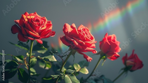 Red Roses with Rainbow Glow in the Dark  Gray Background  Realistic Photography  Beautiful.