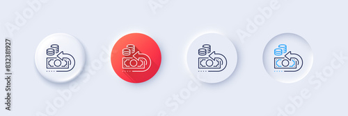 Cash back line icon. Neumorphic, Red gradient, 3d pin buttons. Return money sign. Bank benefits symbol. Line icons. Neumorphic buttons with outline signs. Vector