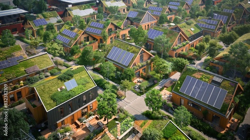 An overhead view of a sustainable neighborhood  featuring green roofs  solar panels  and abundant garden spaces between eco-friendly houses.