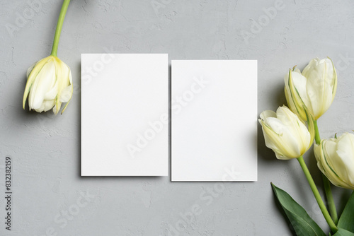 Blank wedding invitation card mockup with flowers, two sides card with copy space for design photo