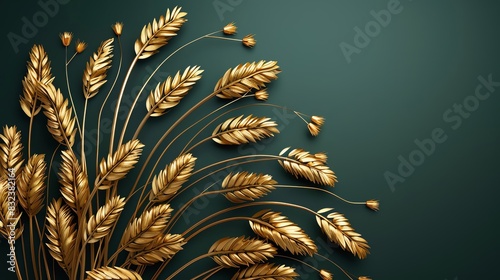 Elegant golden wheat on dark green background  symbolizing harvest  prosperity  and agriculture. Perfect for decor  design  and nature themes.