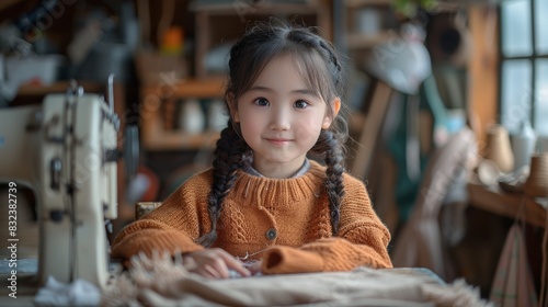 Smiling Asian girl with braid twintails in bright orange knitted sweater sitting at a sewing table to sew cloth with a machine in her cozy home.