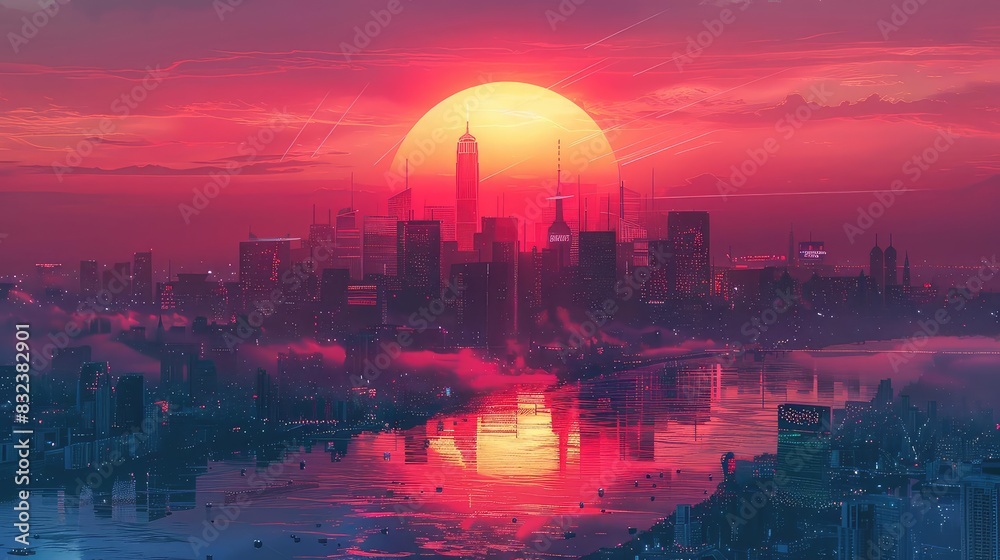 Futuristic city skyline at sunset with neon lights beginning to glow, vibrant hues, digital art, modern and hightech,
