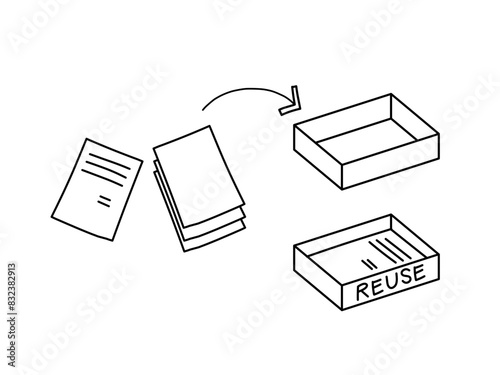 Doodle art of how to manage used paper for reuse. Graphic element for office and school concept.