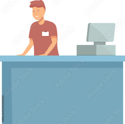 Vector illustration of a male cashier standing at a store checkout counter with a computer