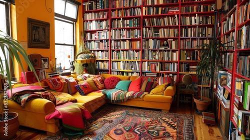 Cozy living room with a large bookshelf filled with books.