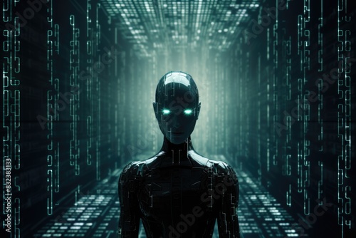 male robot in digital world on binary code background