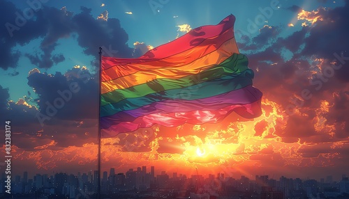 Rainbow Pride flag waving in the sunset.