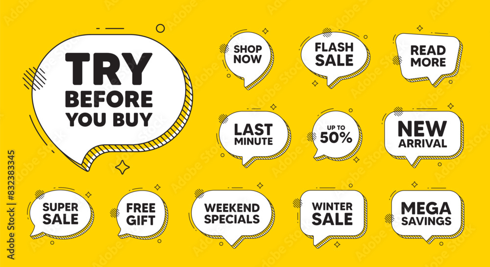 Offer speech bubble icons. Try before you buy tag. Special offer price sign. Advertising discounts symbol. Try before you buy chat offer. Speech bubble discount banner. Text box balloon. Vector Offer speech bubble icons. Try before you buy tag. Special offer price sign. Advertising discounts symbol. Try before you buy chat offer. Speech bubble discount banner. Text box balloon. Vector