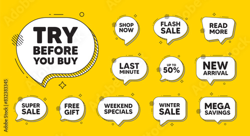 Offer speech bubble icons. Try before you buy tag. Special offer price sign. Advertising discounts symbol. Try before you buy chat offer. Speech bubble discount banner. Text box balloon. Vector