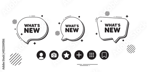 Whats new tag. Speech bubble offer icons. Special offer sign. New arrivals symbol. Whats new chat text box. Social media icons. Speech bubble text balloon. Vector