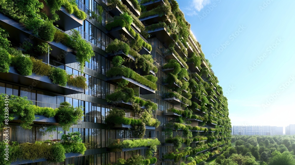 A concept of a sustainable living complex with vertical gardens covering the building exteriors, enhancing air quality and building aesthetics.