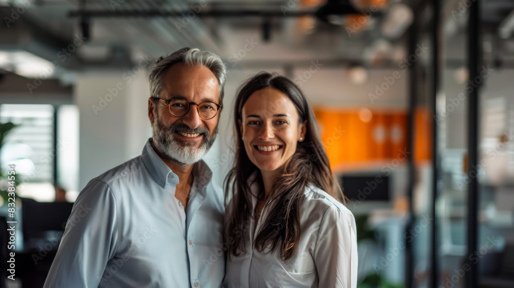 Portrait of office employees posing in the corridor of a modern office. Happy woman and man in office clothes working together indoors.