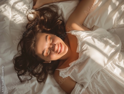 beautiful girl sleeps in the bedroom, smiling woman sleeping in her bed