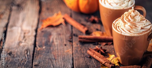 Pumpkin Spice Latte with Cinnamon Sticks and Whipped Cream, Cozy Fall Beverage photo