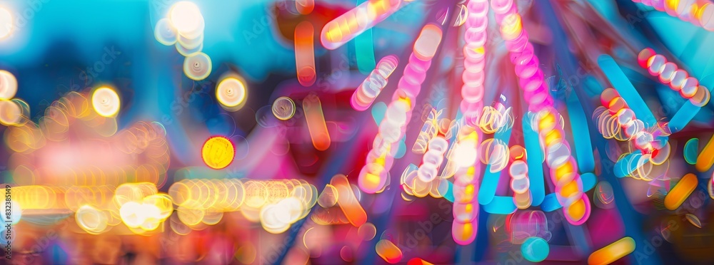 A vibrant, carnival ride background with Ferris wheels and bright lights, shallow depth of field bokeh