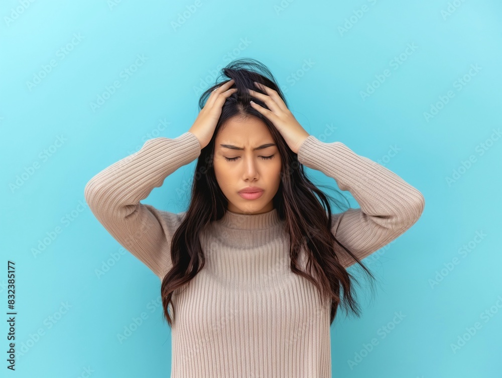 Woman suffering from stress or a headache grimacing in pain, she holds her hand to her temple Woman suffering from stress or a headache grimacing in pain, she holds her hand to her temple