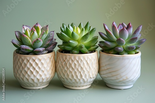 Three white ceramic pots with green plants in them