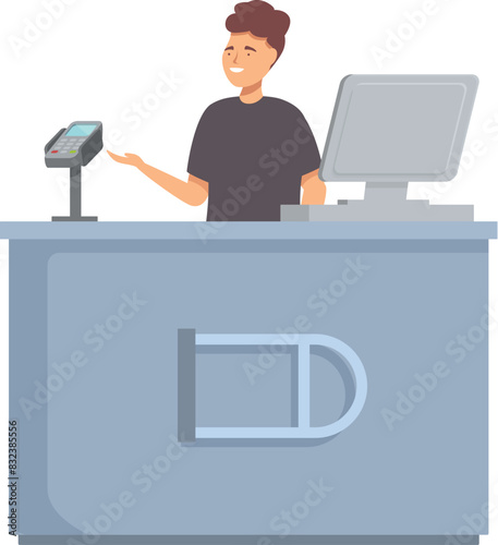 Illustration of a smiling cashier managing a modern payment system at the checkout counter