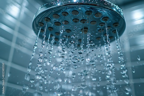 A shower head is spraying water in a shower