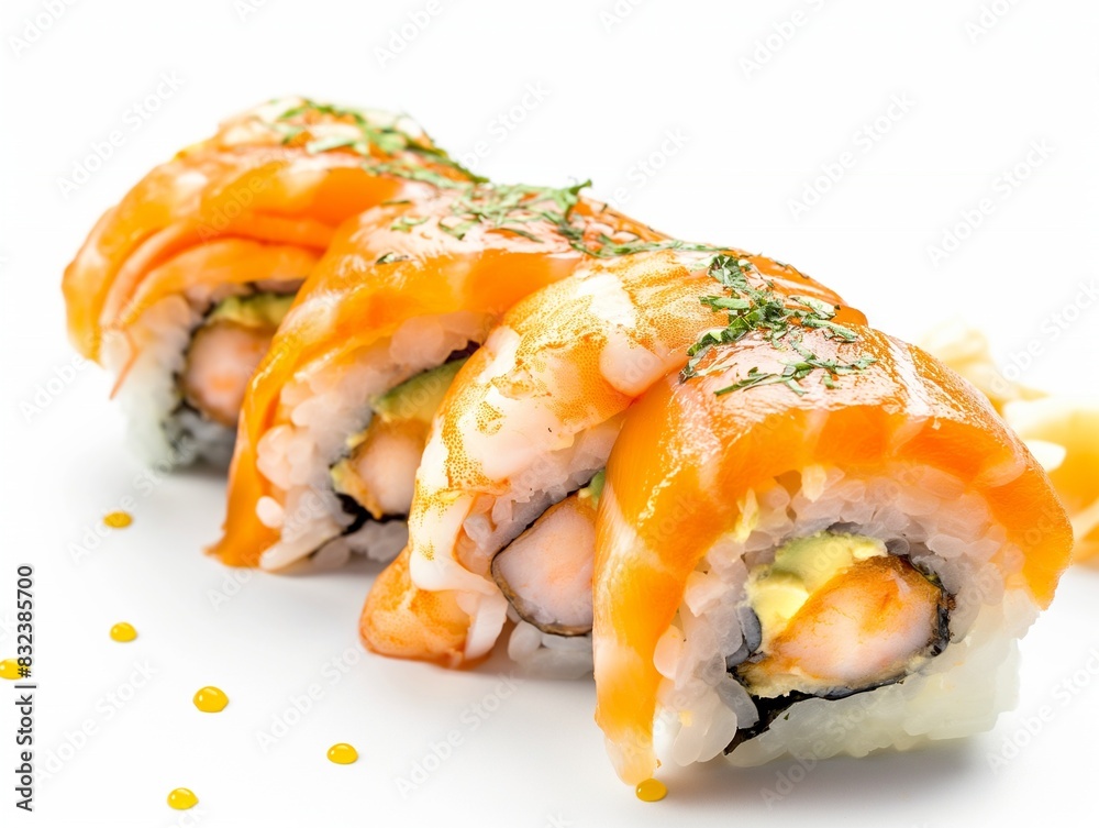 Sushi roll with salmon and shrimp tempura, sushi rolls on white background, close up. Fried Vegetables inside Sushi roll with salmon and shrimp tempura, sushi rolls on white background, close up. Fried Vegetables inside