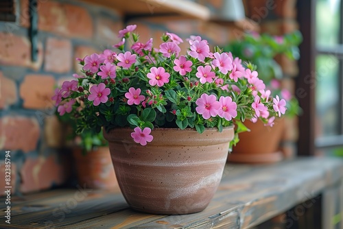 A pink flower pot with pink flowers sits on a wooden table © Graph Squad