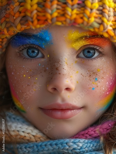 Close-up of a child with colorful face paint and vibrant knitted hat, showcasing bright blue eyes and freckled cheeks. © ZethX