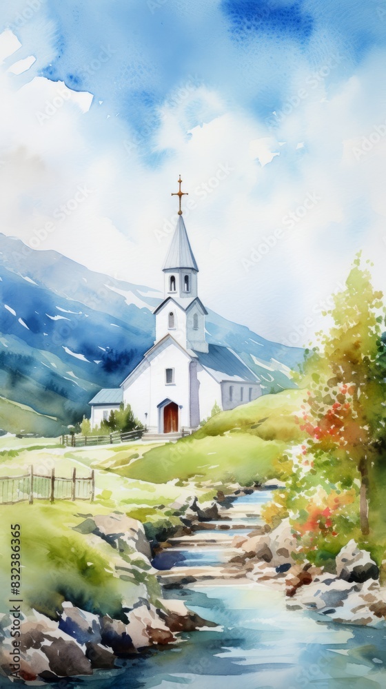Watercolor of a modern church in a small village
