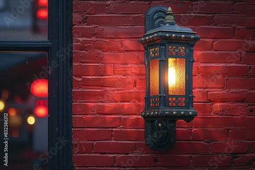 A lamp is lit up against a red brick wall photo