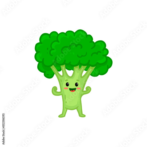  Cartoon Broccoli. Cute character vegetable isolated on white background. Doodle style. 