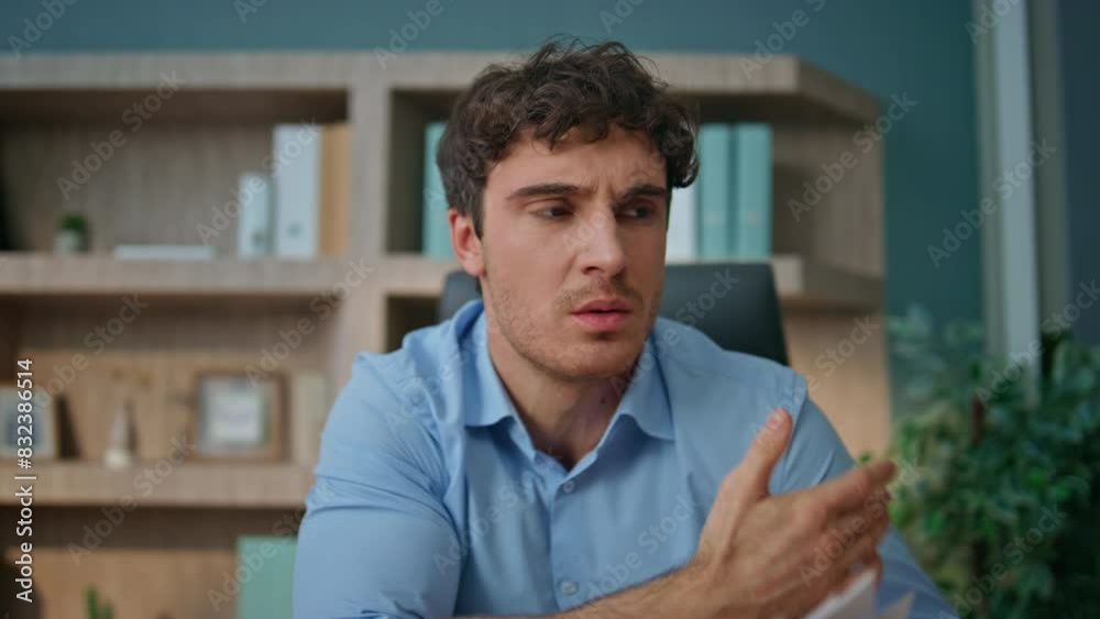 Dissatisfied man shouting call online closeup. Pov view nervous boss talking web Dissatisfied man shouting call online closeup. Pov view nervous boss talking web
