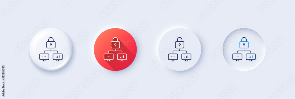Lock line icon. Neumorphic, Red gradient, 3d pin buttons. Network protection sign. Security padlock symbol. Line icons. Neumorphic buttons with outline signs. Vector Lock line icon. Neumorphic, Red gradient, 3d pin buttons. Network protection sign. Security padlock symbol. Line icons. Neumorphic buttons with outline signs. Vector
