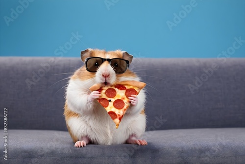 Funny hamster wearing glasses, sitting on the sofa, eating pizza and watching a movie
