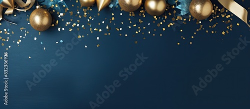 Party frame decorations in gold colors on blue color background with empty copy space for text holiday and celebration concept for postcard or invitation top view