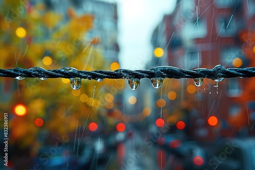 A wire is hanging down with raindrops on it