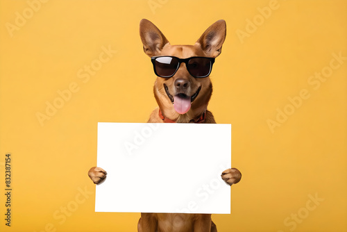 Funny dog with sunglasses holding blank sign with copy space, isolated on a orange background
