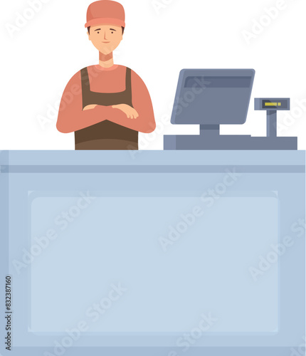 Illustrated cashier standing behind a store checkout counter with a computer register