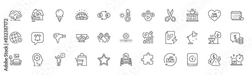 Sale bags, Power bank and Brain working line icons. Pack of Delivery change, Sports stadium, Kpi icon. Cut, Ice cream, Weather thermometer pictogram. One love, Hair dryer, Star. Line icons. Vector