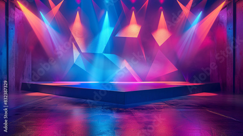 Abstract geometric stage illuminated with ultraviolet light and vibrant colors photo