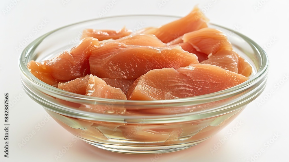 Fresh raw chicken breast pieces in bowl isolated on white Fresh raw chicken breast pieces in bowl isolated on white