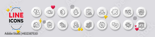 Artificial intelligence, Dots message and No alcohol line icons. White buttons 3d icons. Pack of Medical drugs, Myopia, Clipboard icon. Call center, Moisturizing cream, Market seller pictogram. Vector