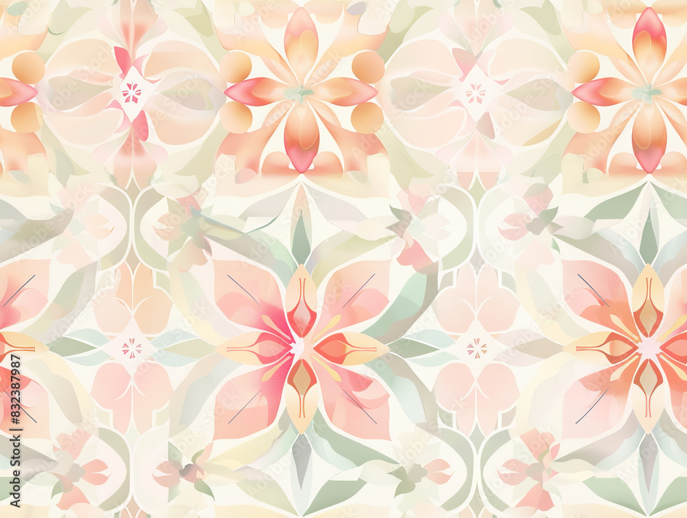 An intricate, seamless pattern featuring soft pastel colors in floral and geometric designs.