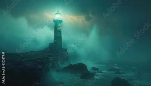 Futuristic lighthouse with holographic beacon in a cyberpunk storm, cool hues, scifi, 3D rendering, innovative and surreal,