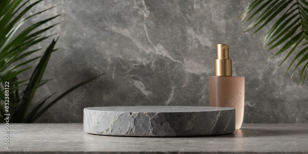 A circular gray stone podium template for advertising cosmetics products. A circular gray stone podium template for advertising cosmetics products.