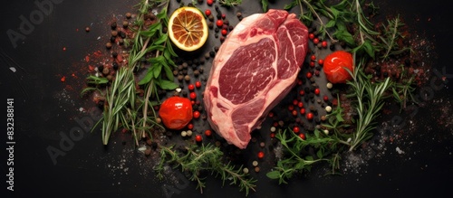 Raw beef steak osso bucco with herbs and spices on dark background Beef meat Top view copy space
