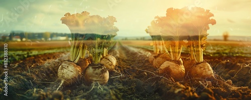Field of sugar beets in golden sunset light depicting agriculture landscape with fresh organic root vegetables ready for harvest. photo